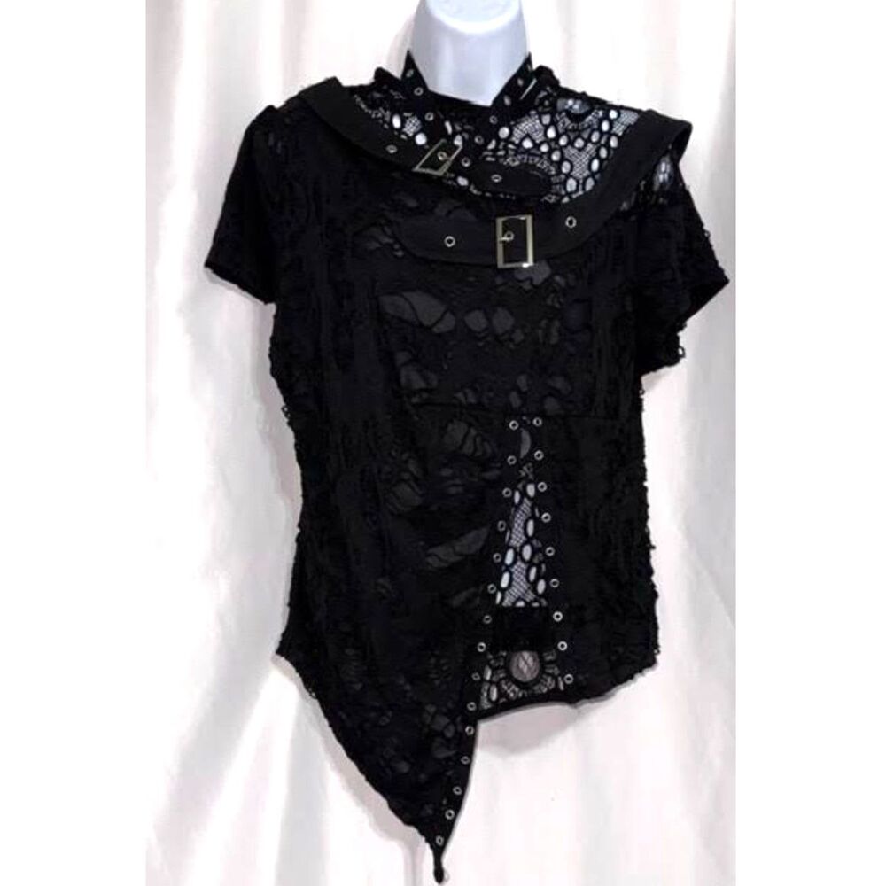 Black Gothic Lace Asymmetrical Top XL Buckle Detail Hooded Punk Alternative Y2K